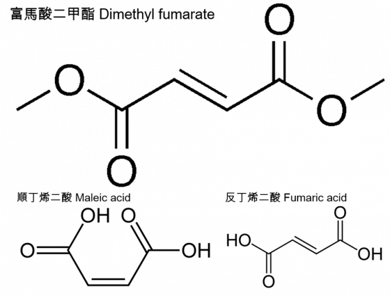 各物質結構式,富馬酸二甲酯圖與順丁烯二酸及反丁烯二酸結構式