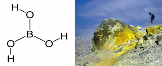左圖為硼酸的結構式;右圖為利帕里群島的火山，其煙霧含有硼酸分子。