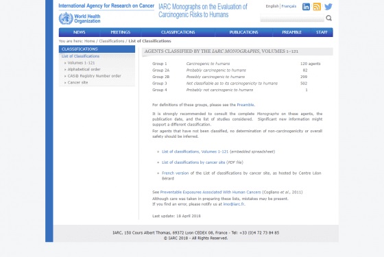 國際癌症研究機構 IARC 致癌性分類，第二類為對人類可能有致癌性，第三類為無足夠人群、動物或致癌機制研究供分類其對人類的致癌性。