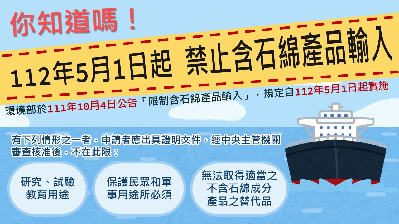 112年5月1日起 禁止含石綿產品輸入